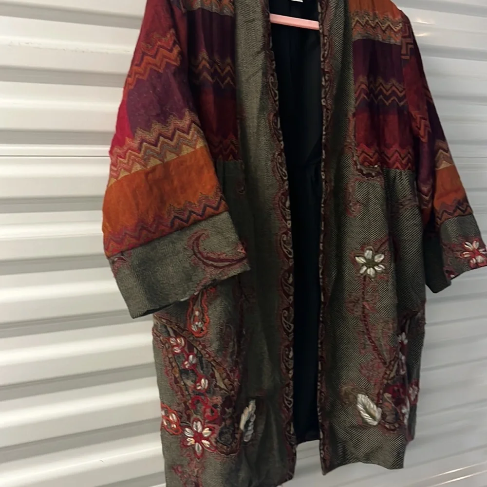 Soft Surroundings Izmir Patchwork Cardigan Jacket Sz Med Brown Embroidery Boho - Picture 3 of 9